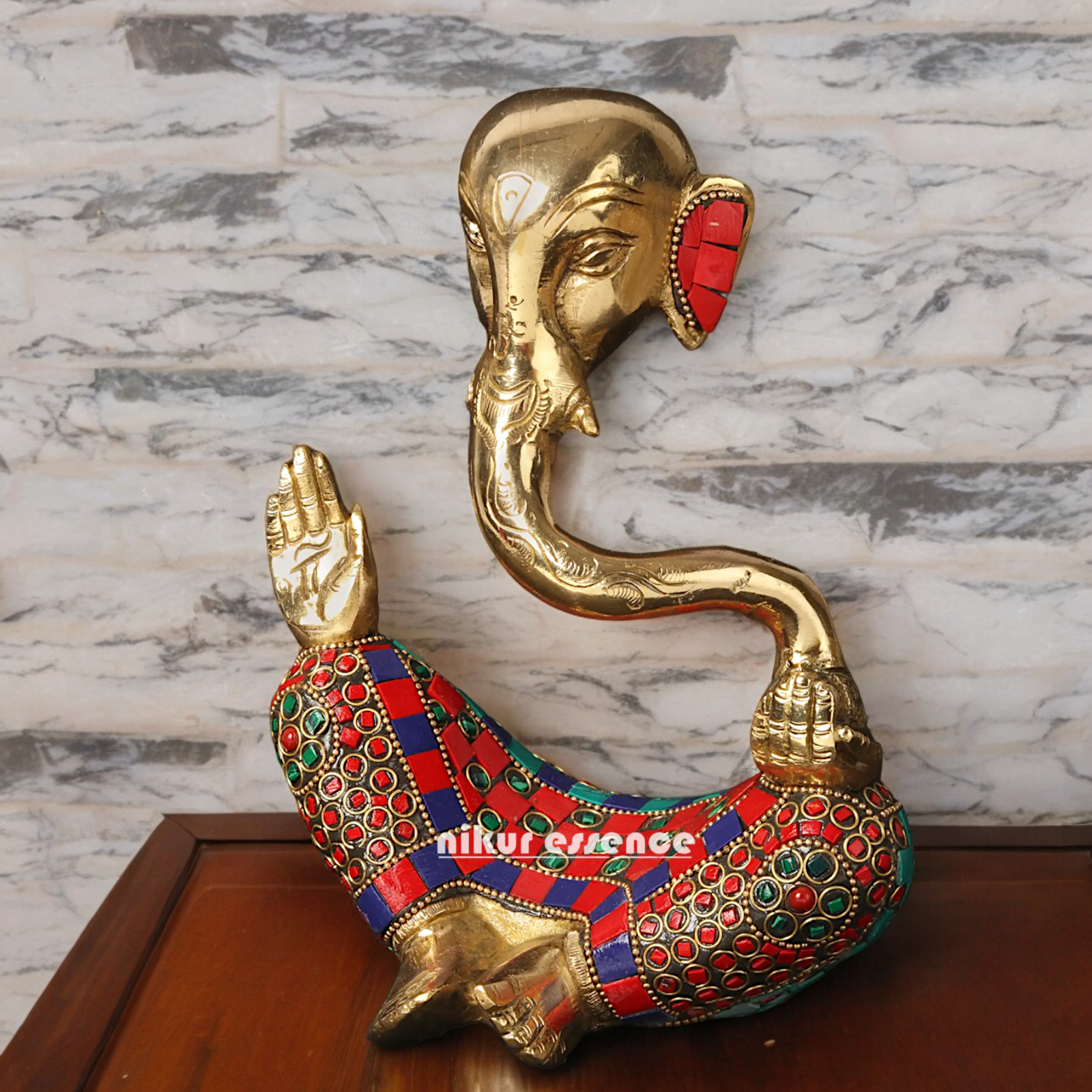 Large Brass Ganesh Vinayaka Sitting Idol with Stone Work - 20.5 cm Nikuressence