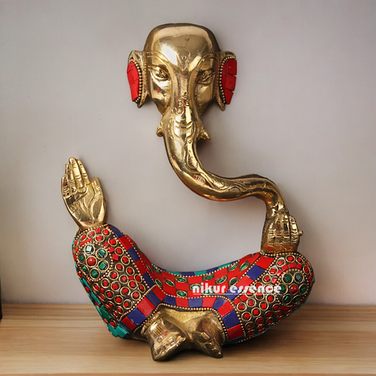 Large Brass Ganesh Vinayaka Sitting Idol with Stone Work - 20.5 cm Nikuressence