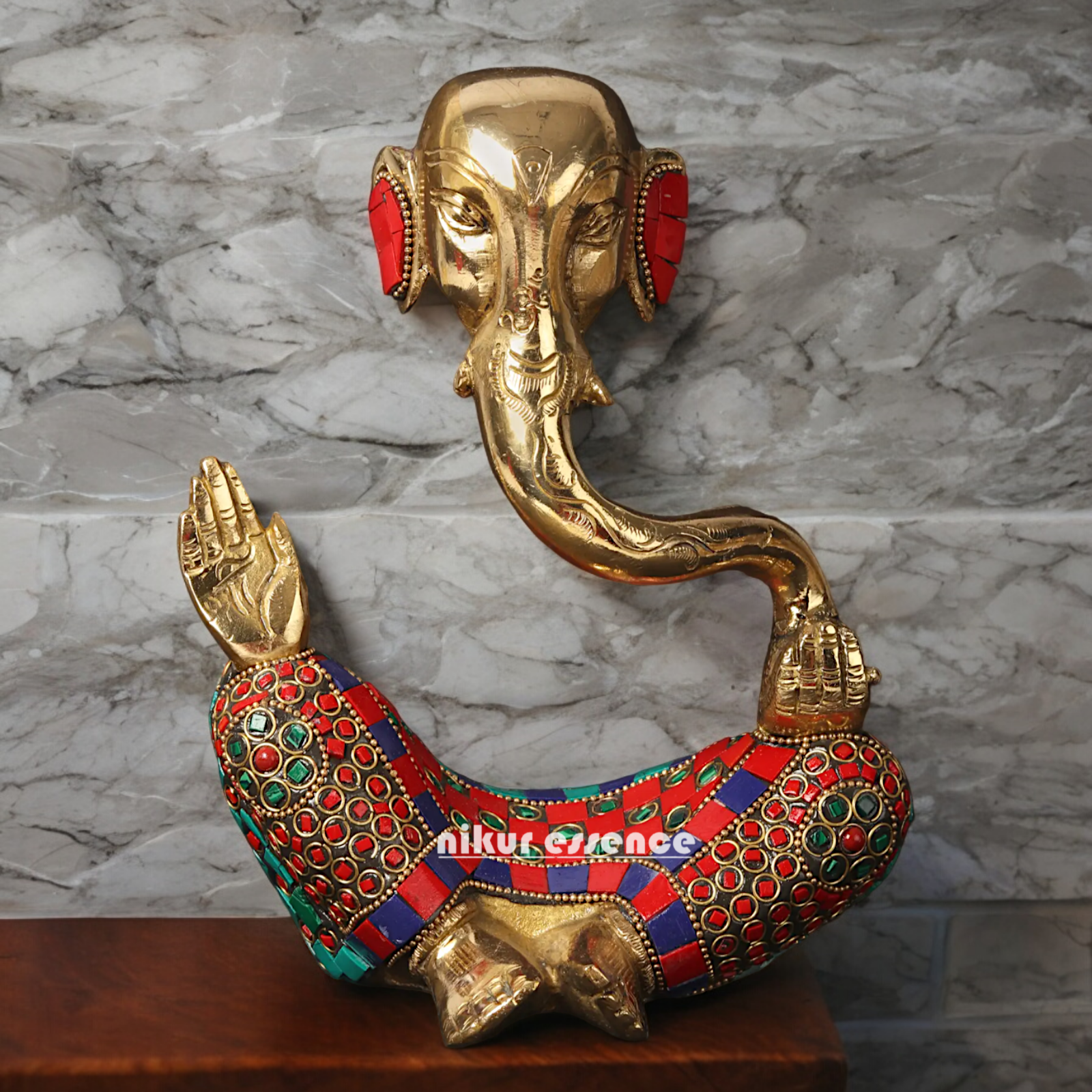 Large Brass Ganesh Vinayaka Sitting Idol with Stone Work - 20.5 cm Nikuressence