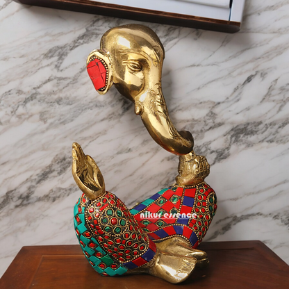 Large Brass Ganesh Vinayaka Sitting Idol with Stone Work - 20.5 cm Nikuressence