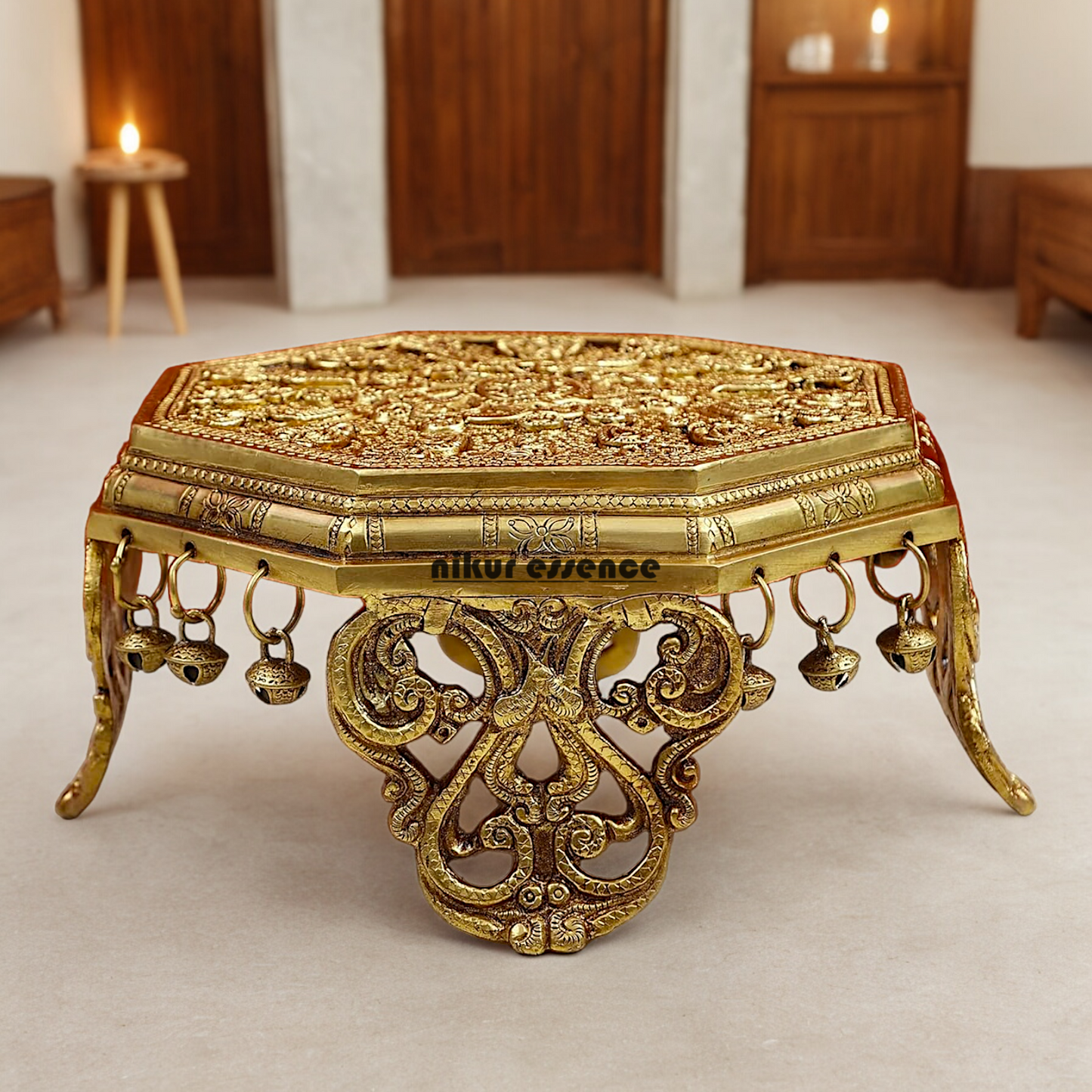 Solid Braas Chowki with Bells Goongru - 11.5 cm Nikuressence