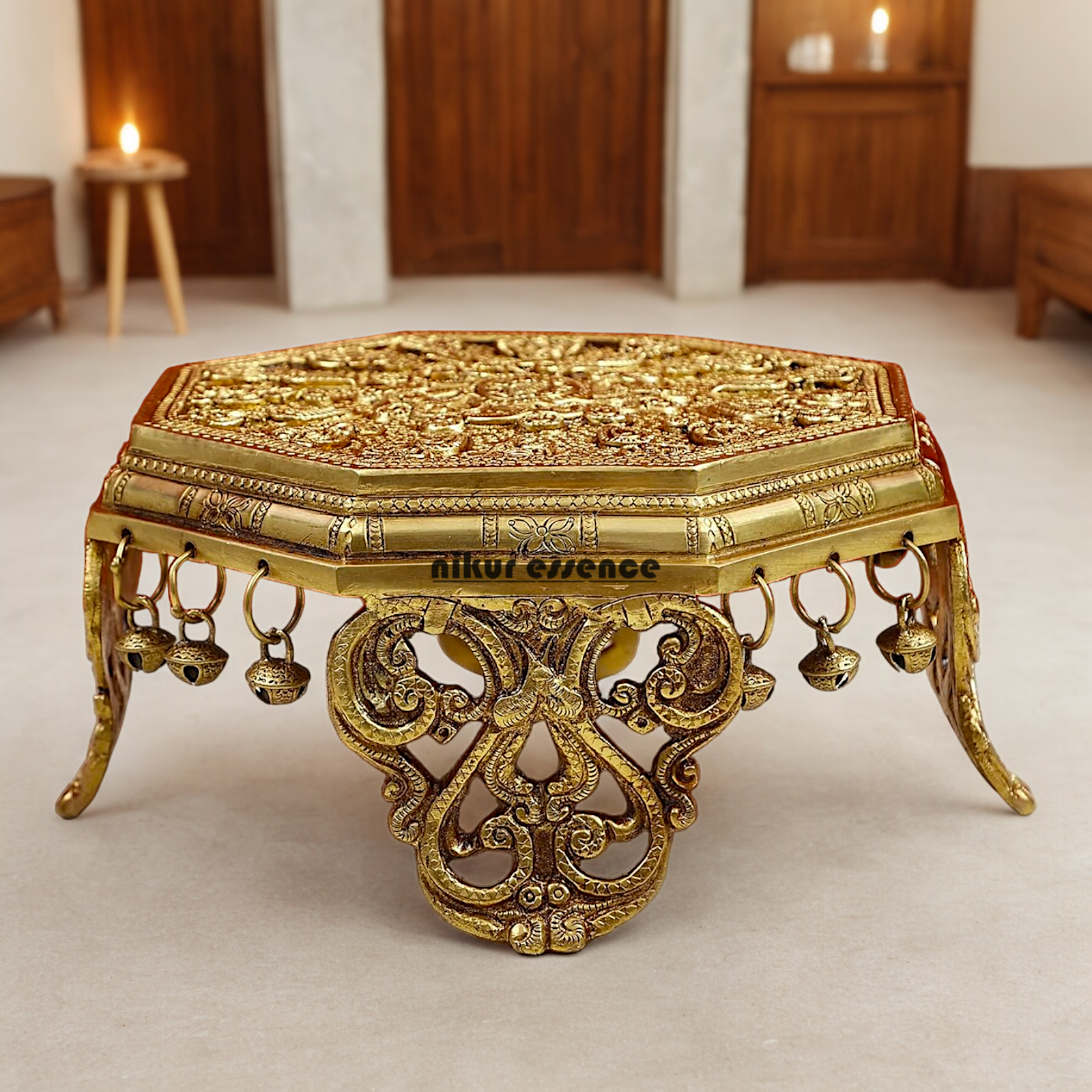 Solid Braas Chowki with Bells Goongru - 11.5 cm Nikuressence