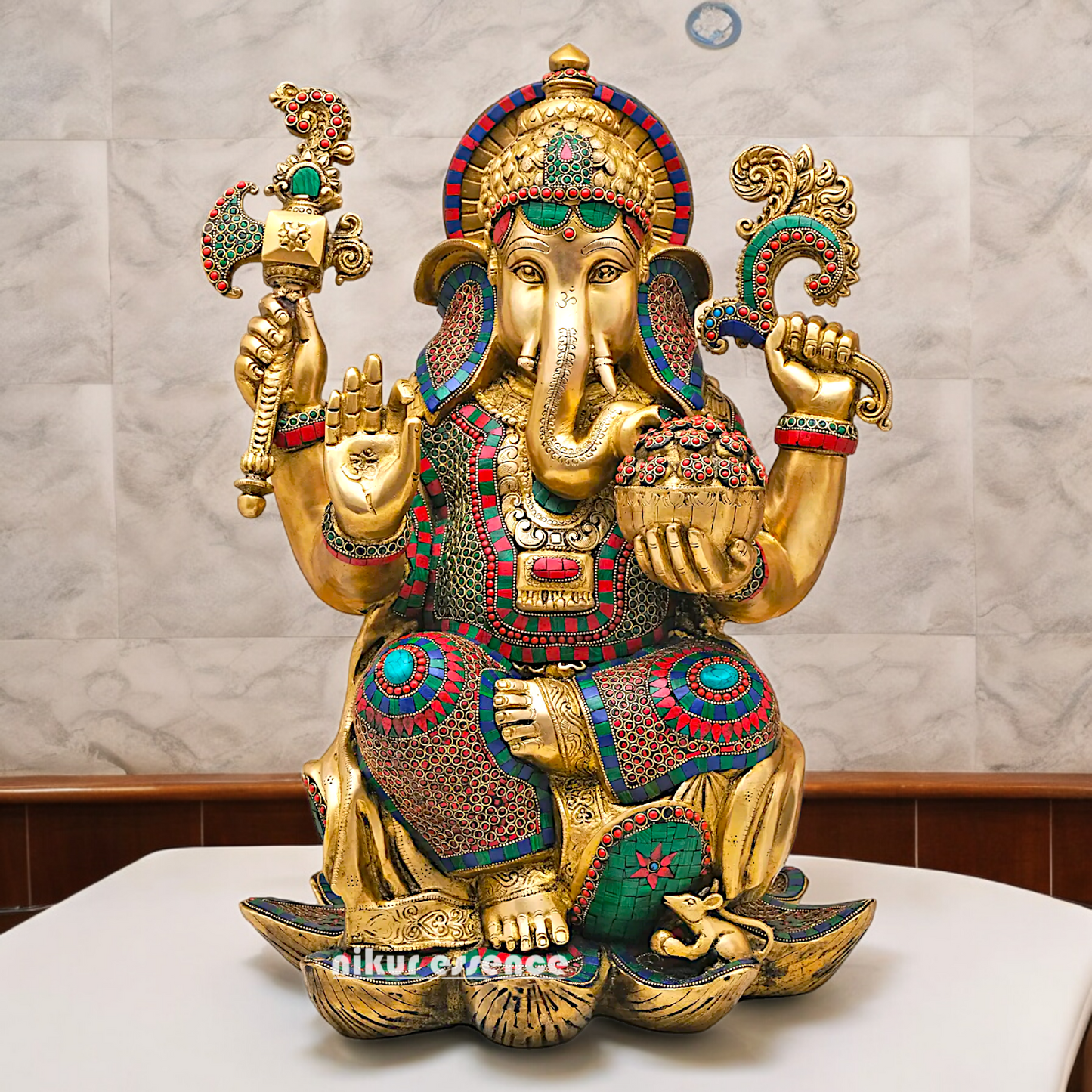Buy Online Braas Ganesh Sitting on Lotus with Stone work Idol - 24 inches Nikuressence