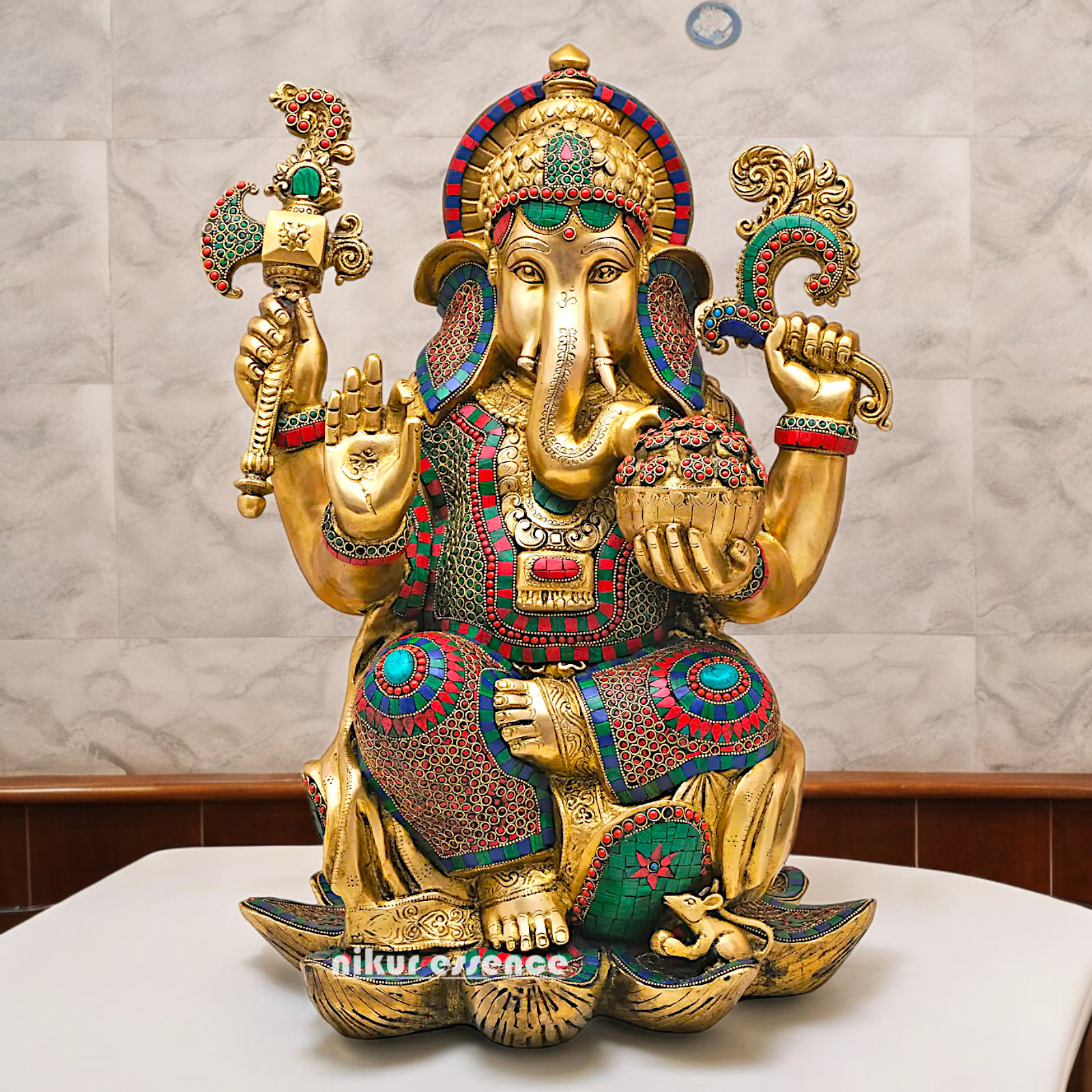 Buy Online Braas Ganesh Sitting on Lotus with Stone work Idol - 24 inches Nikuressence