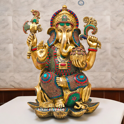 Buy Online Braas Ganesh Sitting on Lotus with Stone work Idol - 24 inches Nikuressence