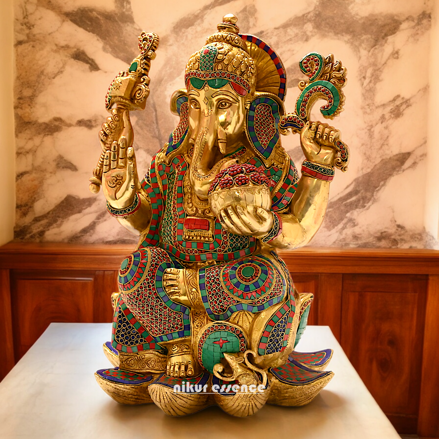 Buy Online Braas Ganesh Sitting on Lotus with Stone work Idol - 24 inches Nikuressence