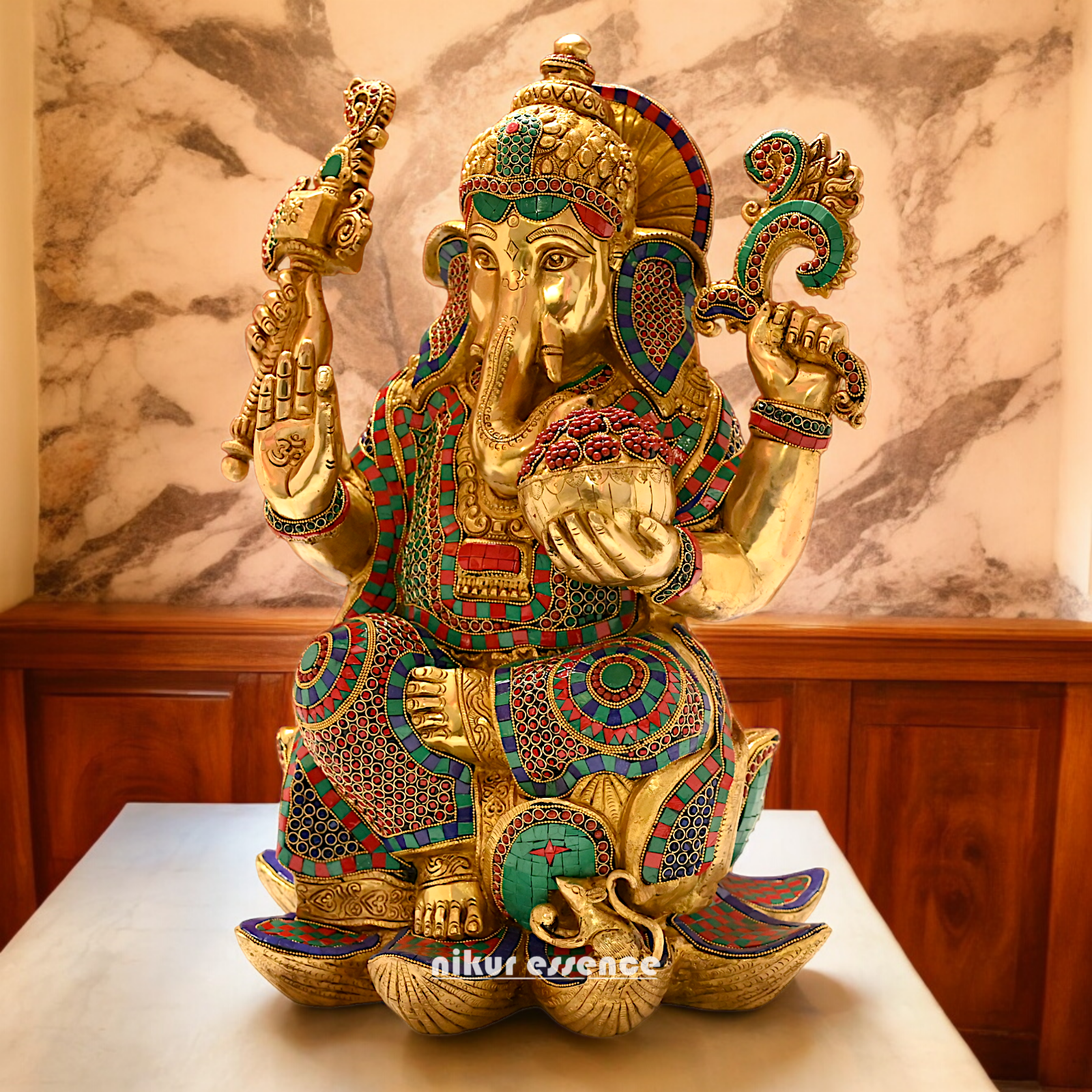 Buy Online Braas Ganesh Sitting on Lotus with Stone work Idol - 24 inches Nikuressence
