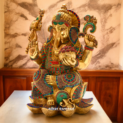 Buy Online Braas Ganesh Sitting on Lotus with Stone work Idol - 24 inches Nikuressence