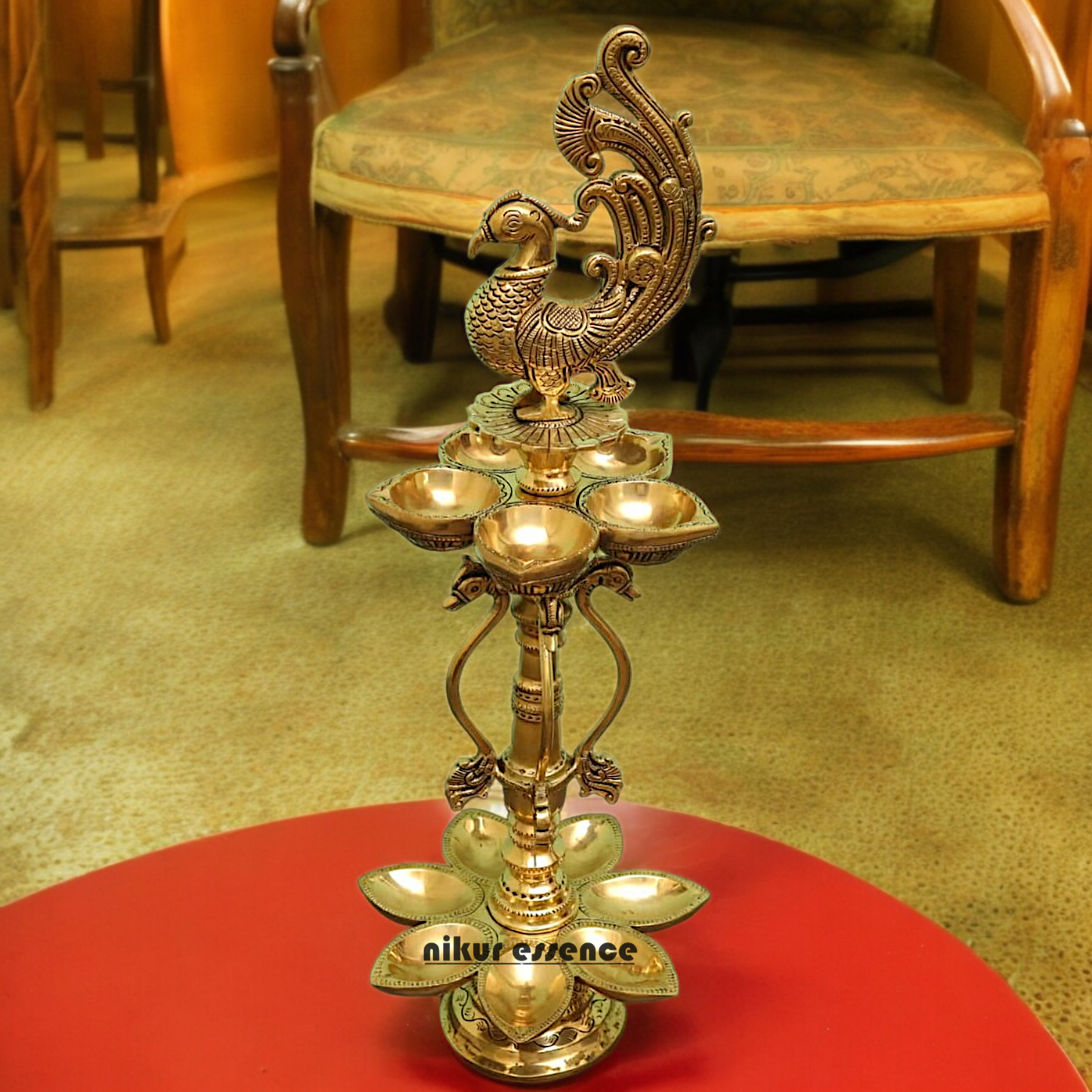 Large Solid Braas Peacock Diya - 50 cm Nikuressence