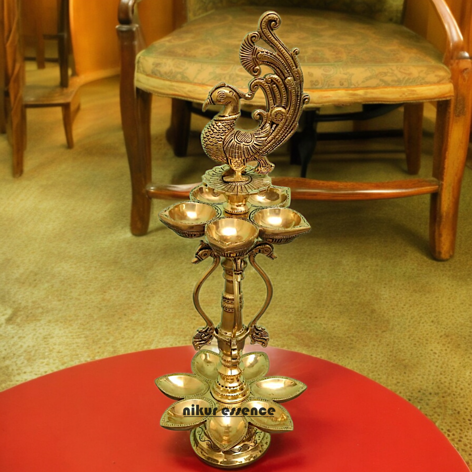 Large Solid Braas Peacock Diya - 50 cm Nikuressence