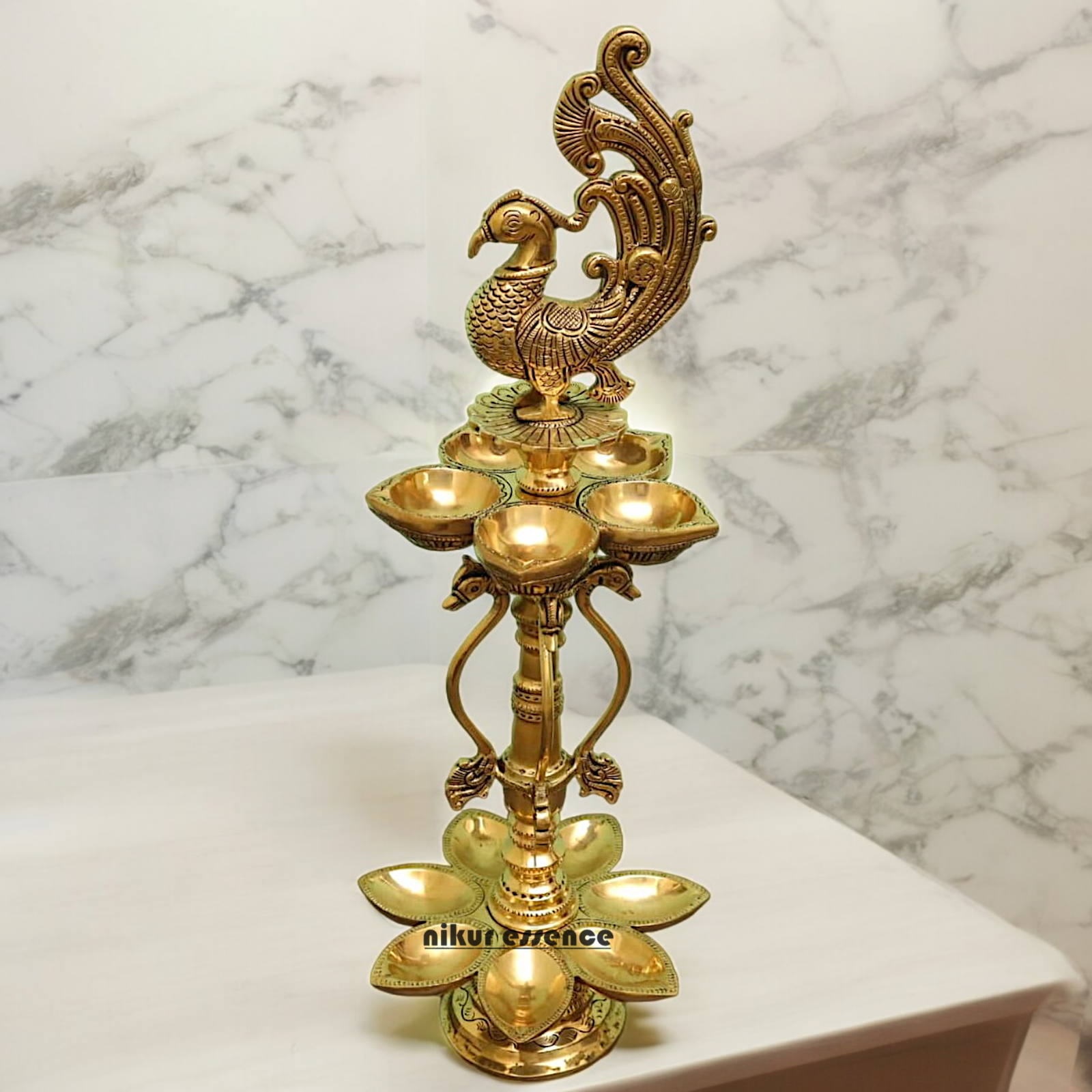 Large Solid Braas Peacock Diya - 50 cm Nikuressence