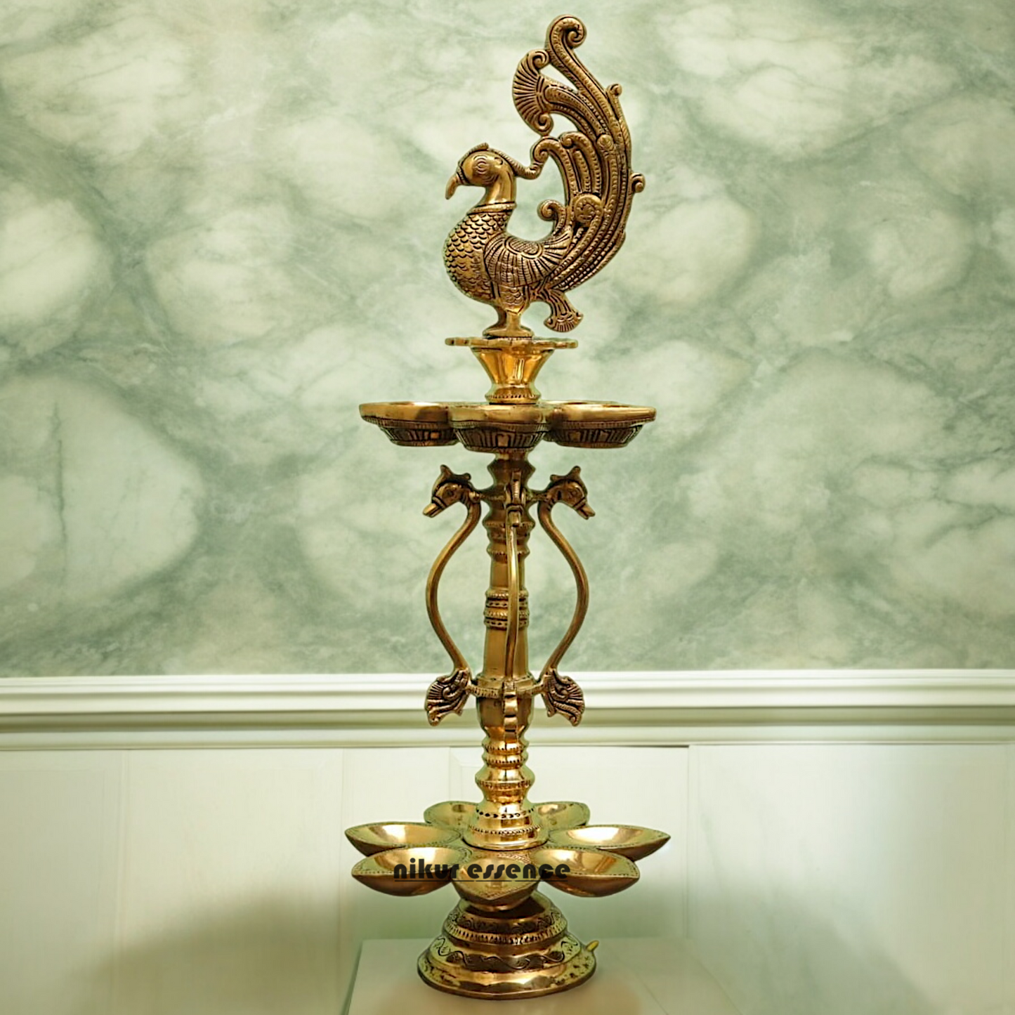 Large Solid Braas Peacock Diya - 50 cm Nikuressence