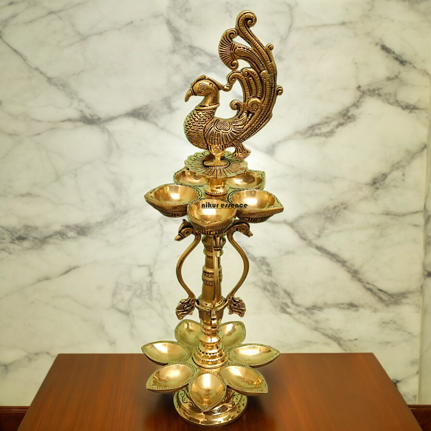 Large Solid Braas Peacock Diya - 50 cm Nikuressence