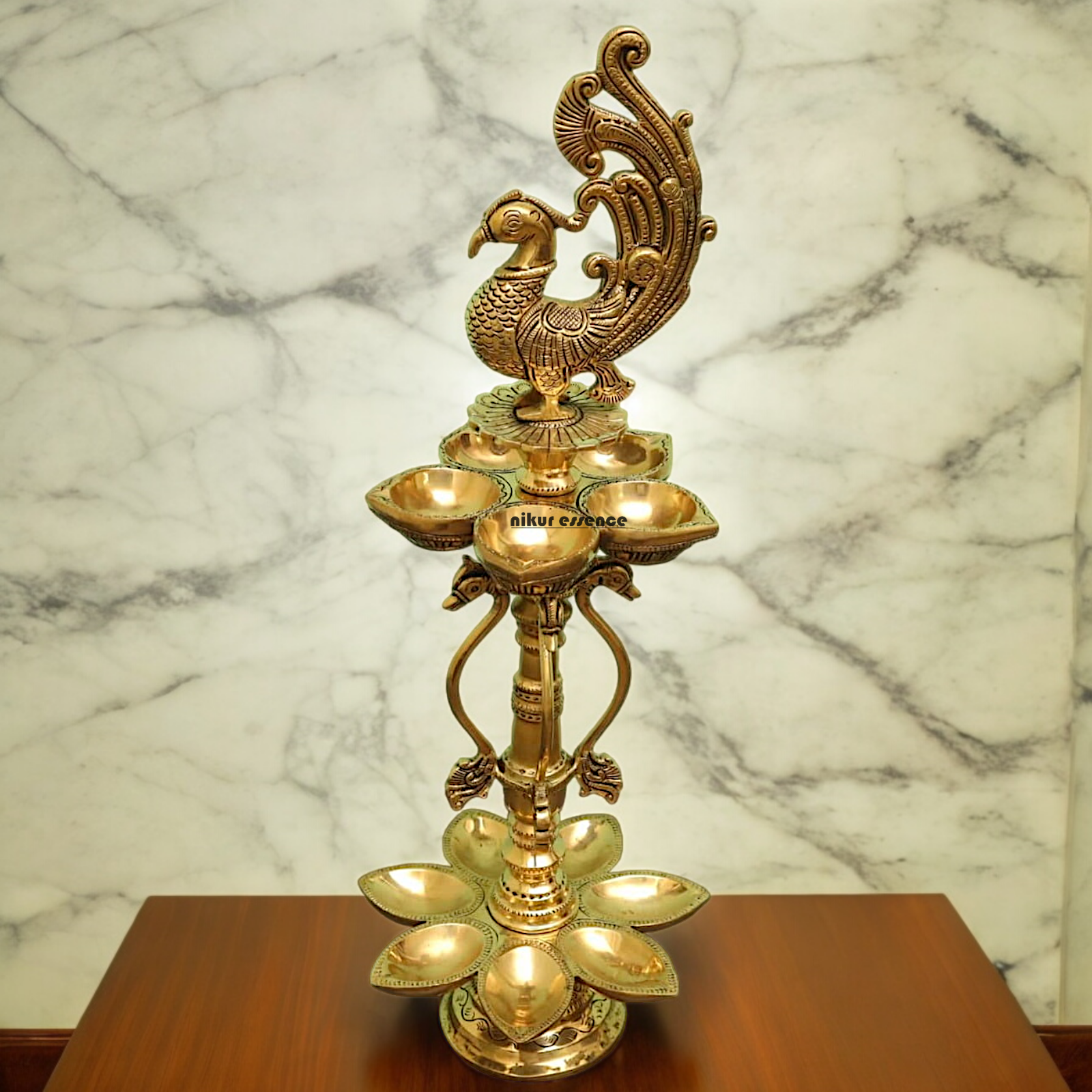 Large Solid Braas Peacock Diya - 50 cm Nikuressence