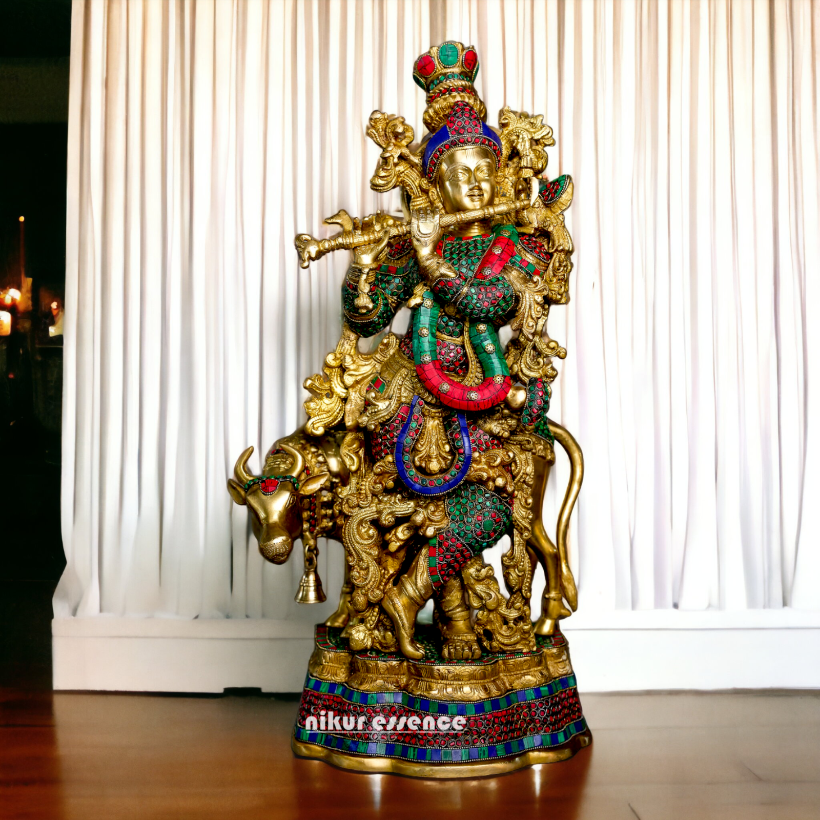 Online Krishna Murli with Cow Idol Stone Work - 14 inches Length Nikuressence