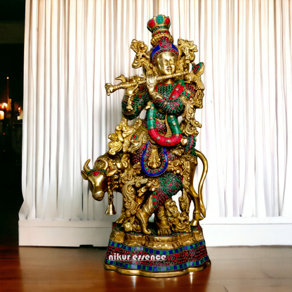 Online Krishna Murli with Cow Idol Stone Work - 14 inches Length Nikuressence