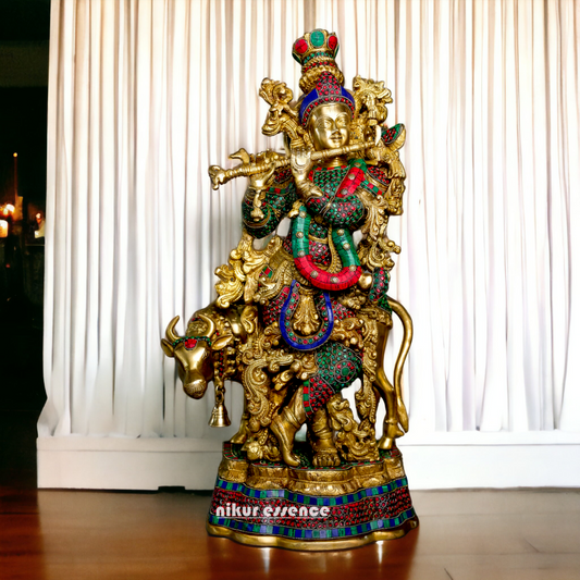 Online Krishna Murli with Cow Idol Stone Work - 14 inches Length Nikuressence