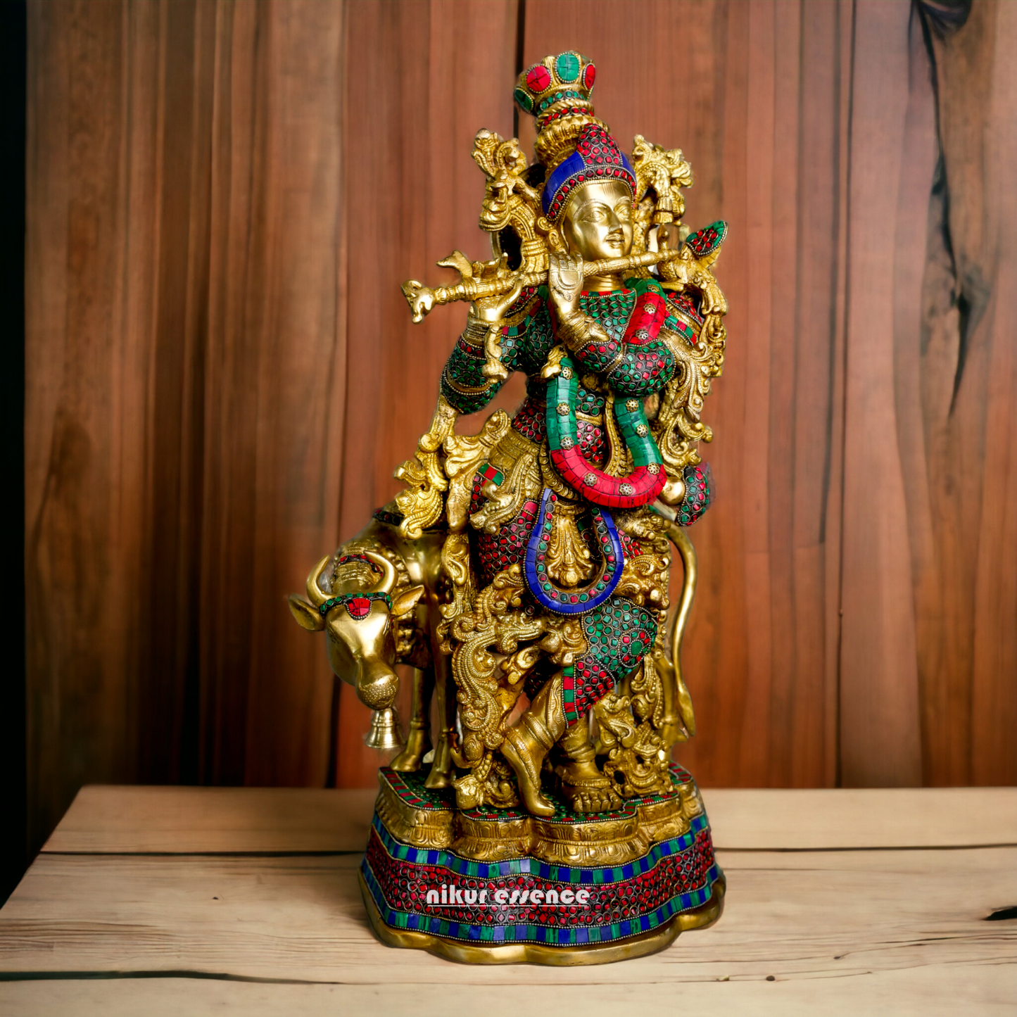 Online Krishna Murli with Cow Idol Stone Work - 14 inches Length Nikuressence