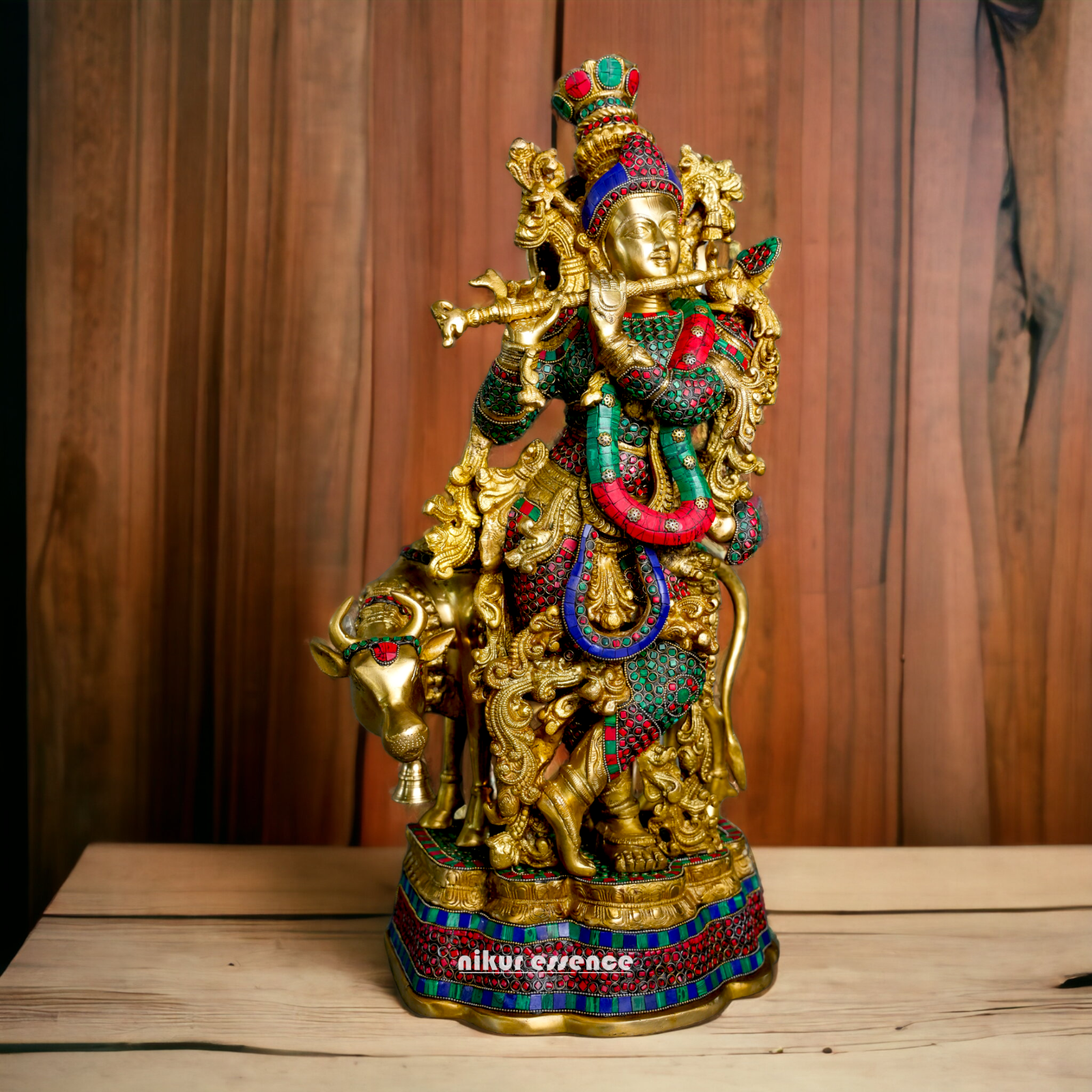 Online Krishna Murli with Cow Idol Stone Work - 14 inches Length Nikuressence