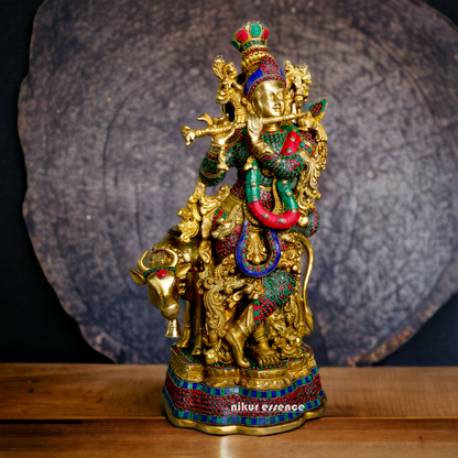 Online Krishna Murli with Cow Idol Stone Work - 14 inches Length Nikuressence