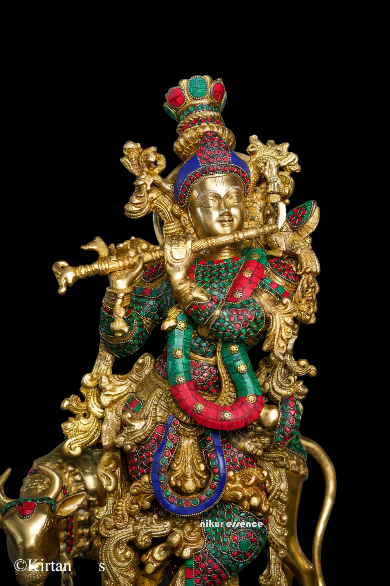 Online Krishna Murli with Cow Idol Stone Work - 14 inches Length Nikuressence