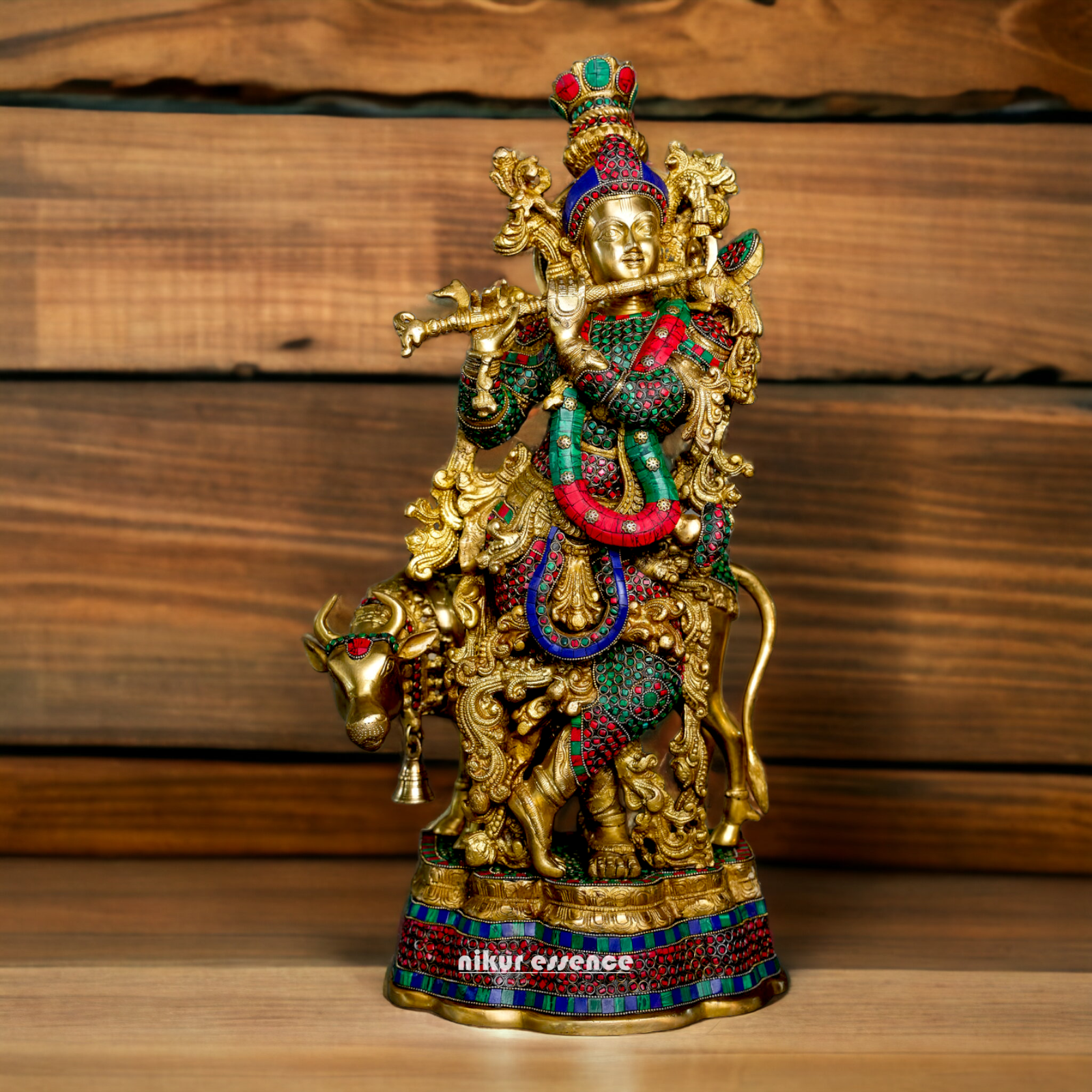 Online Krishna Murli with Cow Idol Stone Work - 14 inches Length Nikuressence