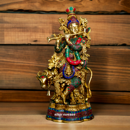 Online Krishna Murli with Cow Idol Stone Work - 14 inches Length Nikuressence