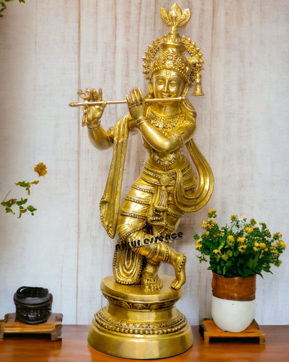 Solid Brass Krishna with playing Flute - 36 inches Nikuressence