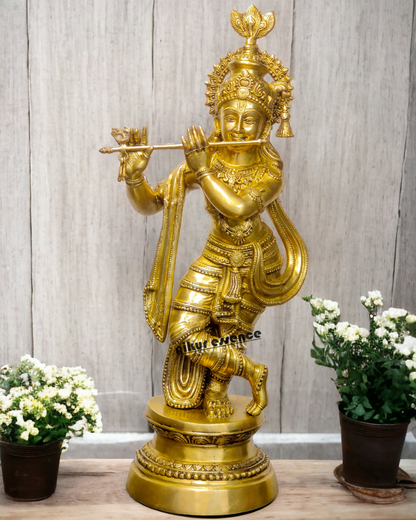 Solid Brass Krishna with playing Flute - 36 inches Nikuressence