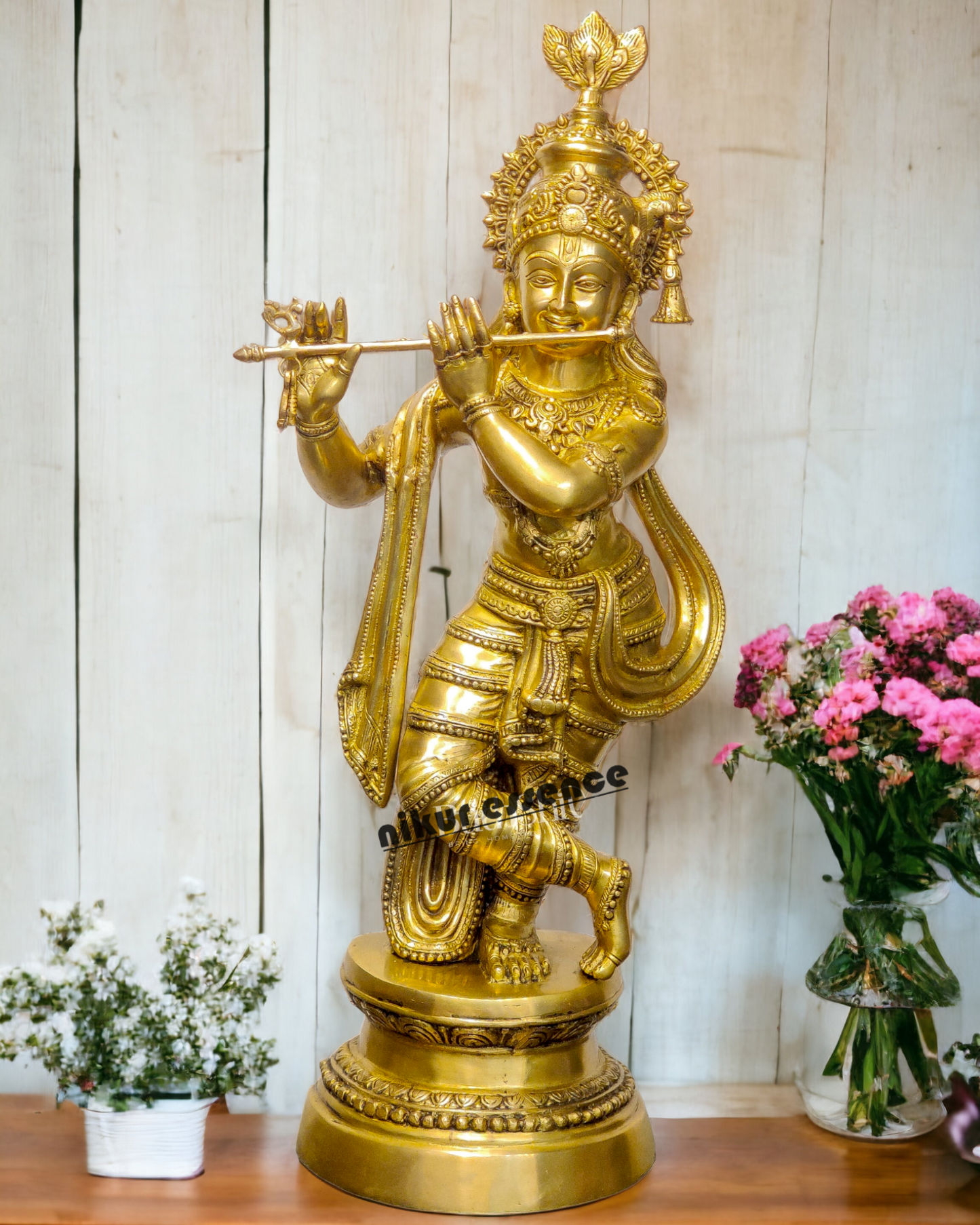 Solid Brass Krishna with playing Flute - 36 inches Nikuressence