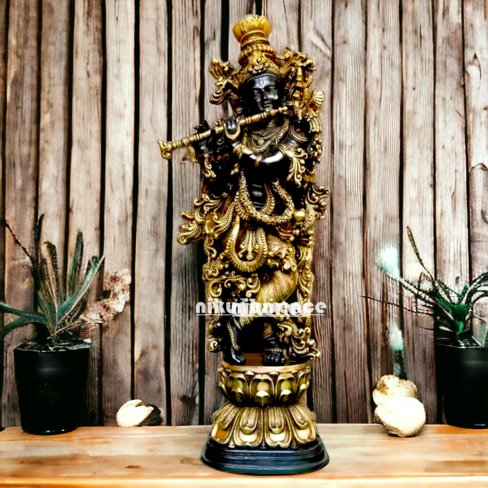Superfine Brass Black Krishna with Playing Flute Idol - 29 Inches Nikuressence