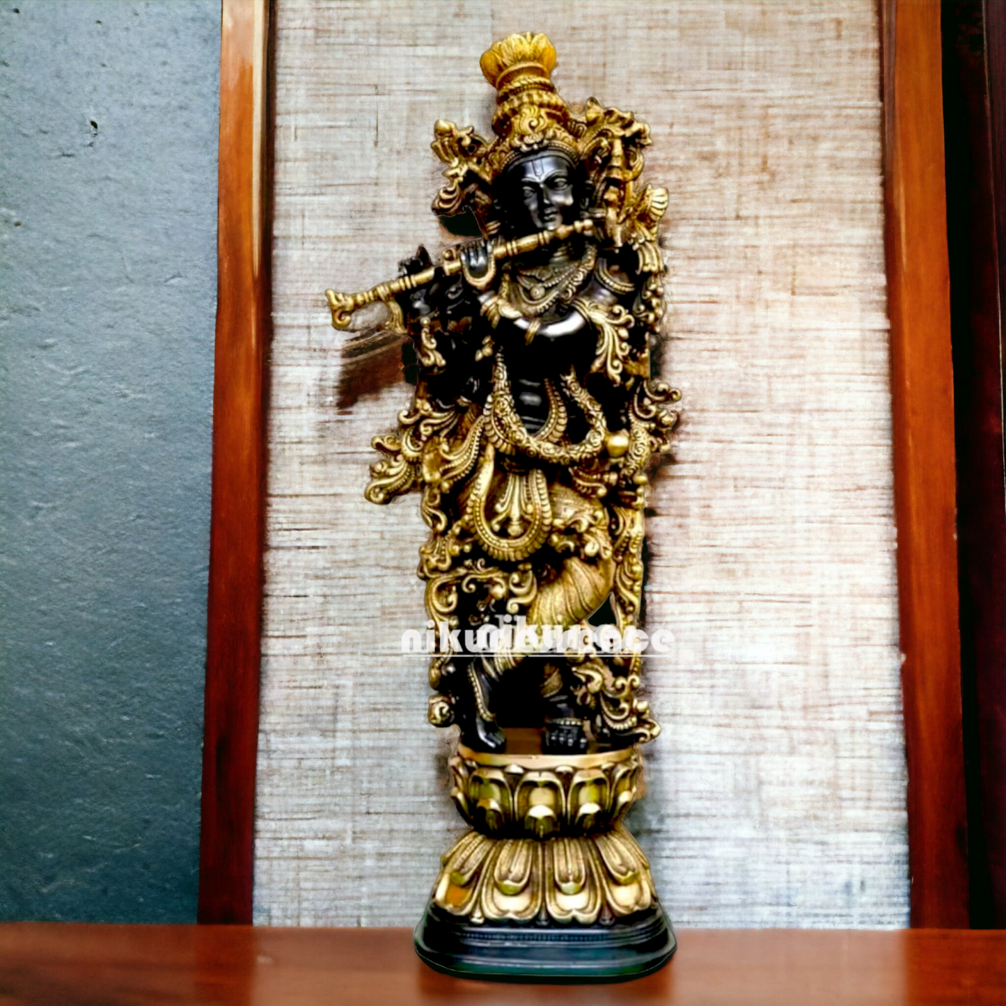 Superfine Brass Black Krishna with Playing Flute Idol - 29 Inches Nikuressence