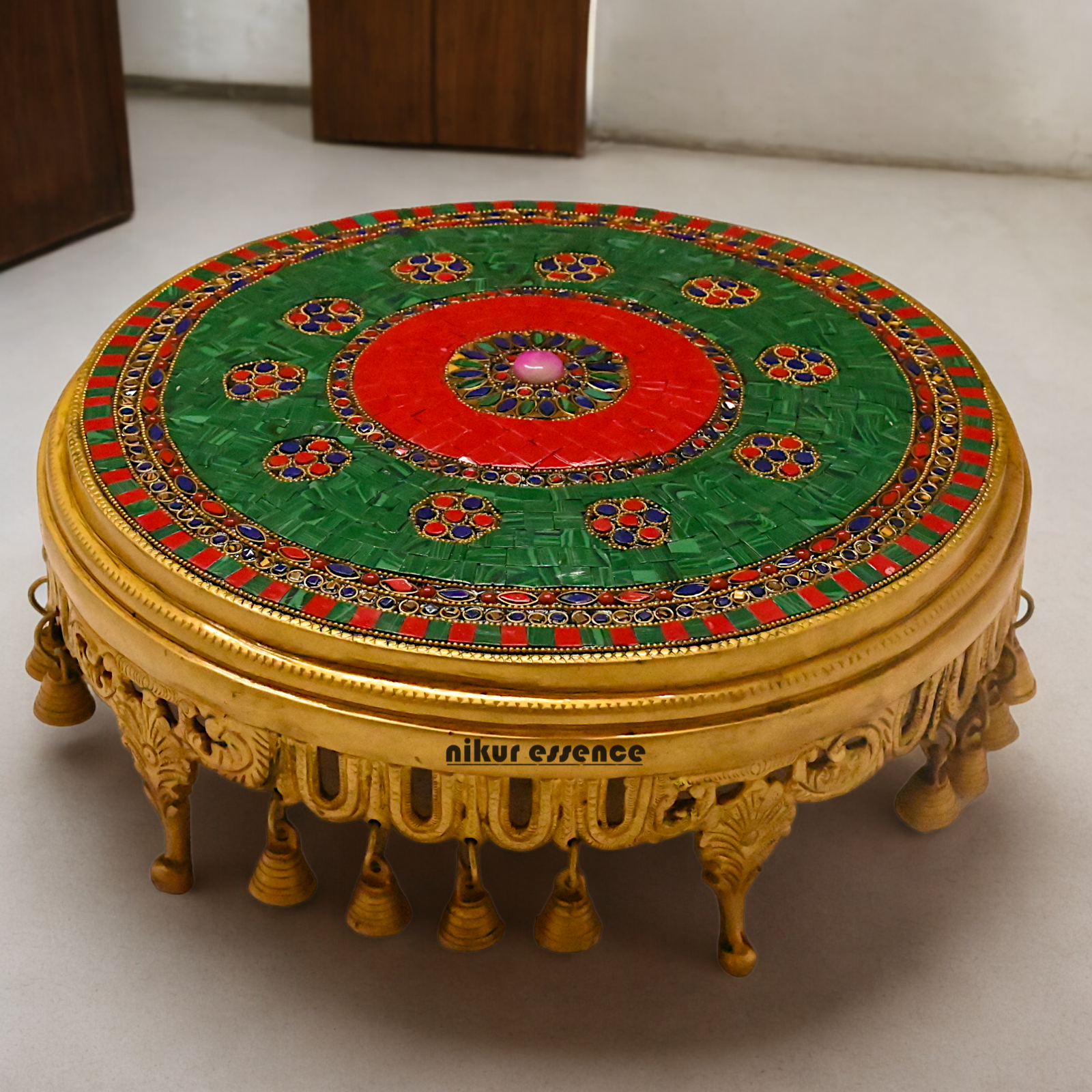 Large Brass Chowki with Stone Work - 11.4 cm Nikuressence