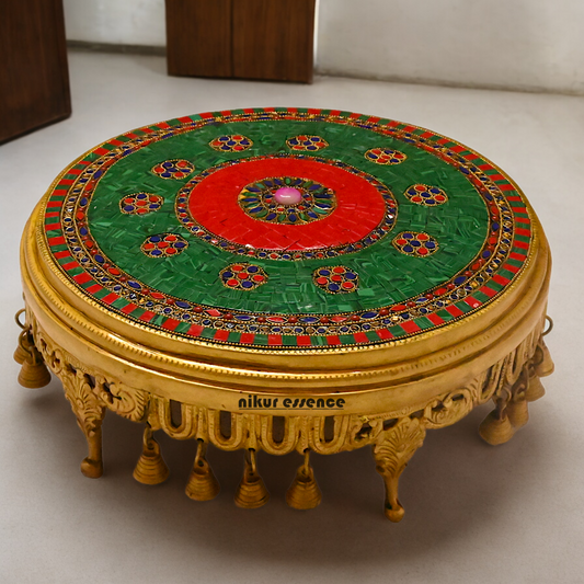 Large Brass Chowki with Stone Work - 11.4 cm Nikuressence