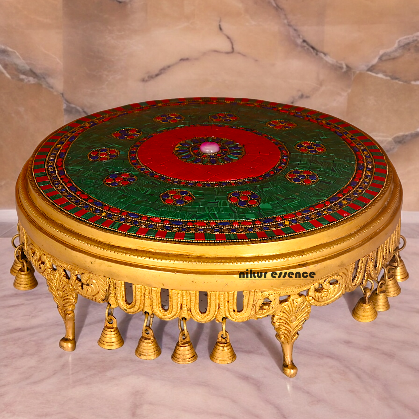 Large Brass Chowki with Stone Work - 11.4 cm Nikuressence