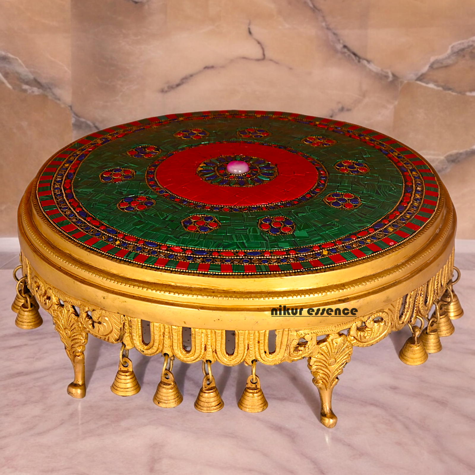 Large Brass Chowki with Stone Work - 11.4 cm Nikuressence