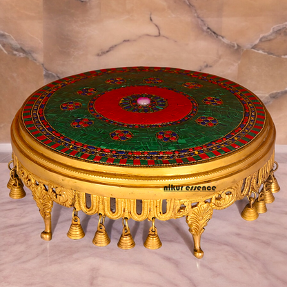 Large Brass Chowki with Stone Work - 11.4 cm Nikuressence