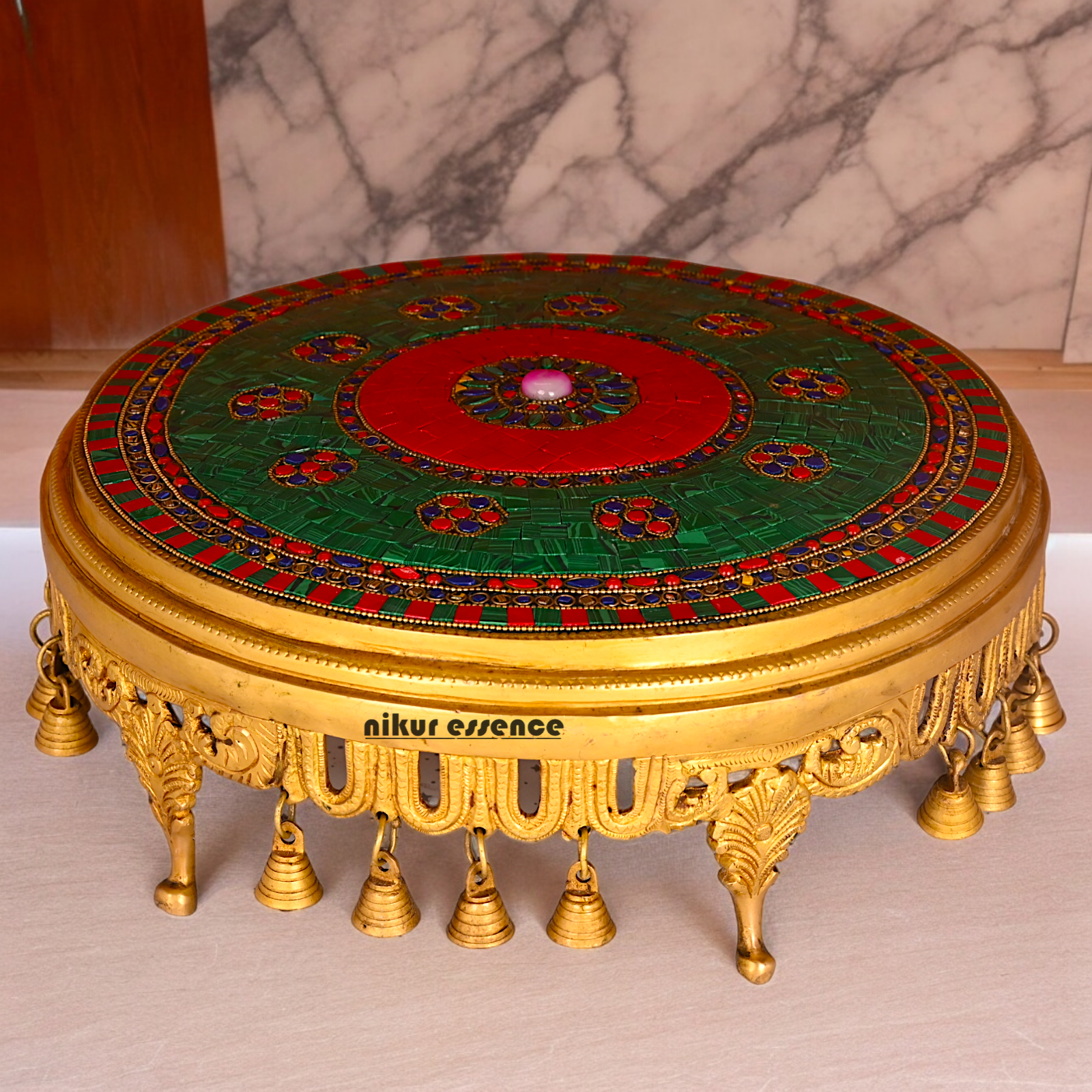 Large Brass Chowki with Stone Work - 11.4 cm Nikuressence