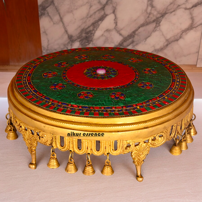 Large Brass Chowki with Stone Work - 11.4 cm Nikuressence