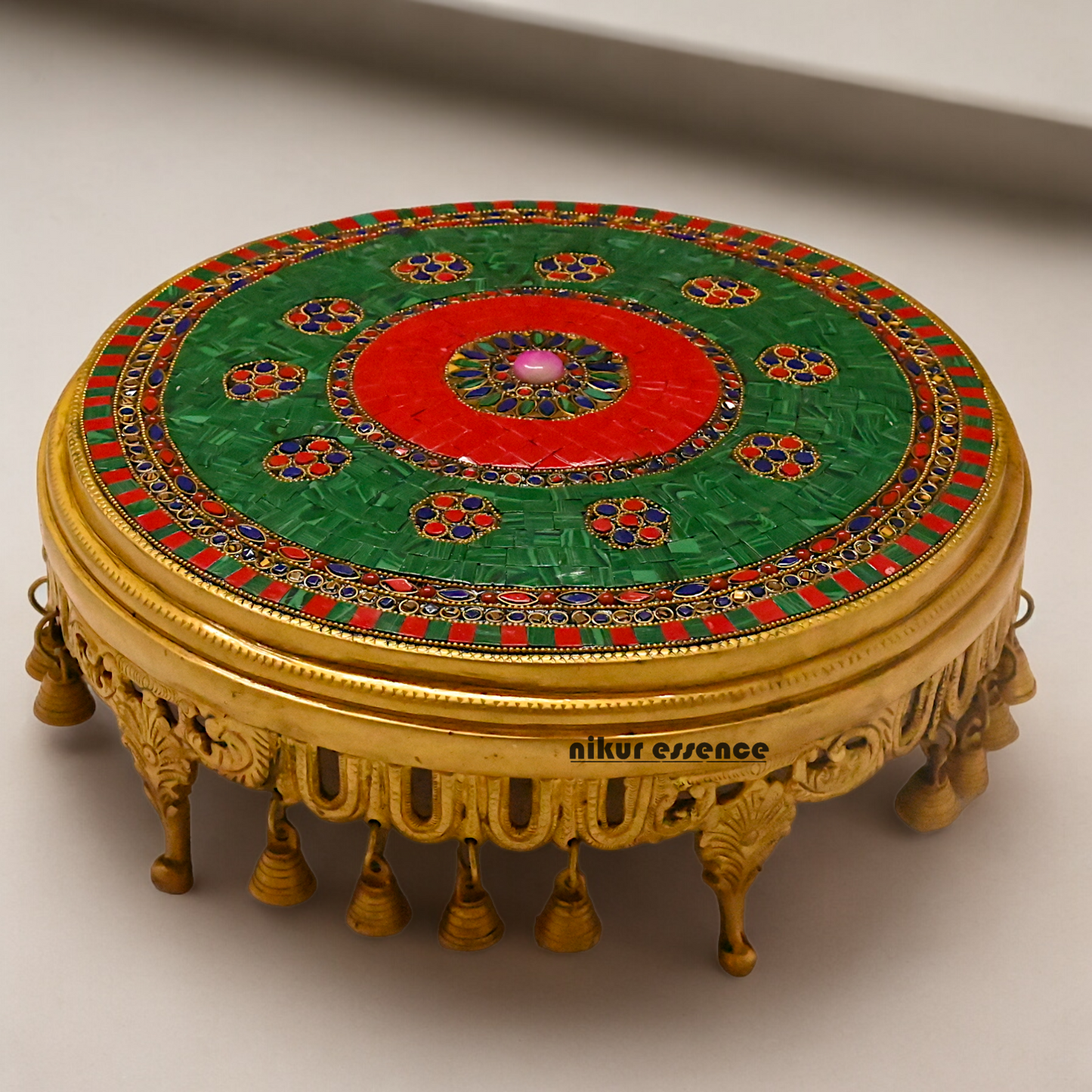 Large Brass Chowki with Stone Work - 11.4 cm Nikuressence