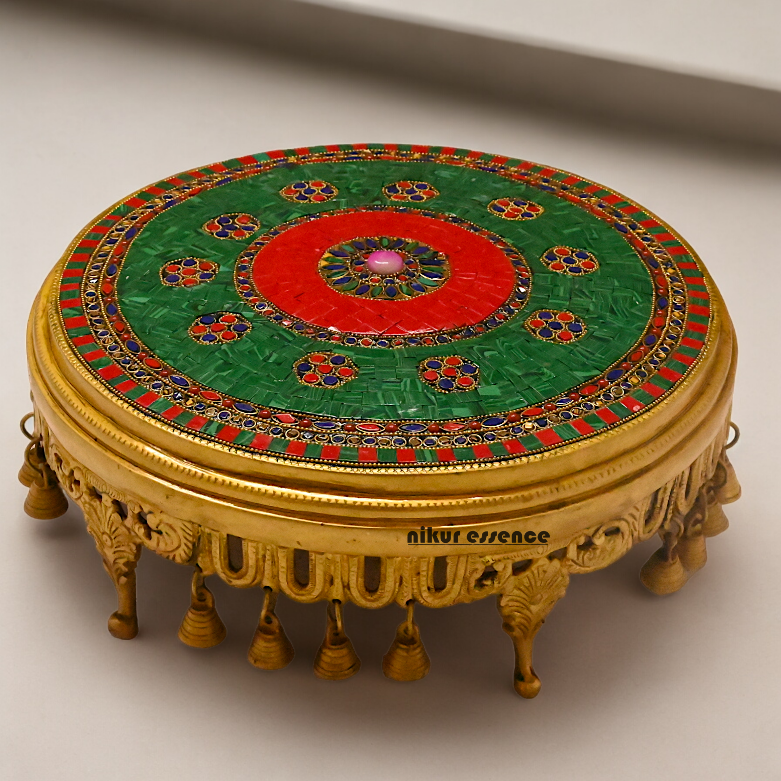 Large Brass Chowki with Stone Work - 11.4 cm Nikuressence