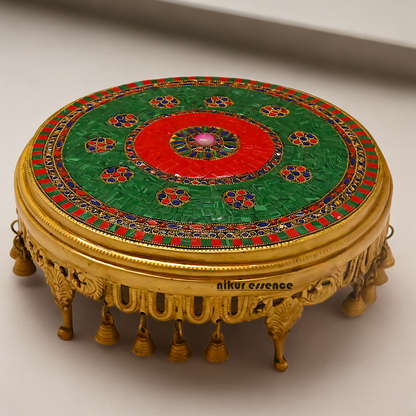 Large Brass Chowki with Stone Work - 11.4 cm Nikuressence