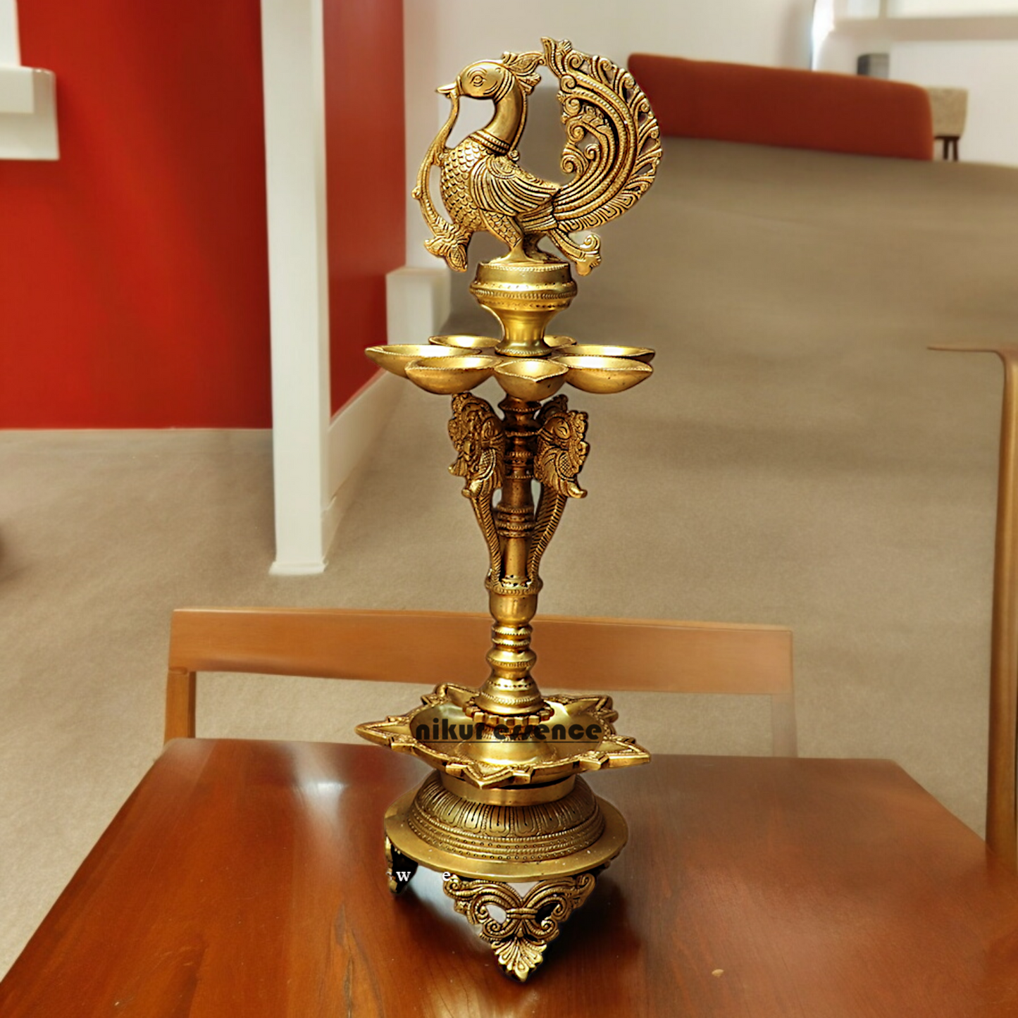 Large Solid Brass Peacock Diya Lamp - 59 cm Nikuressence