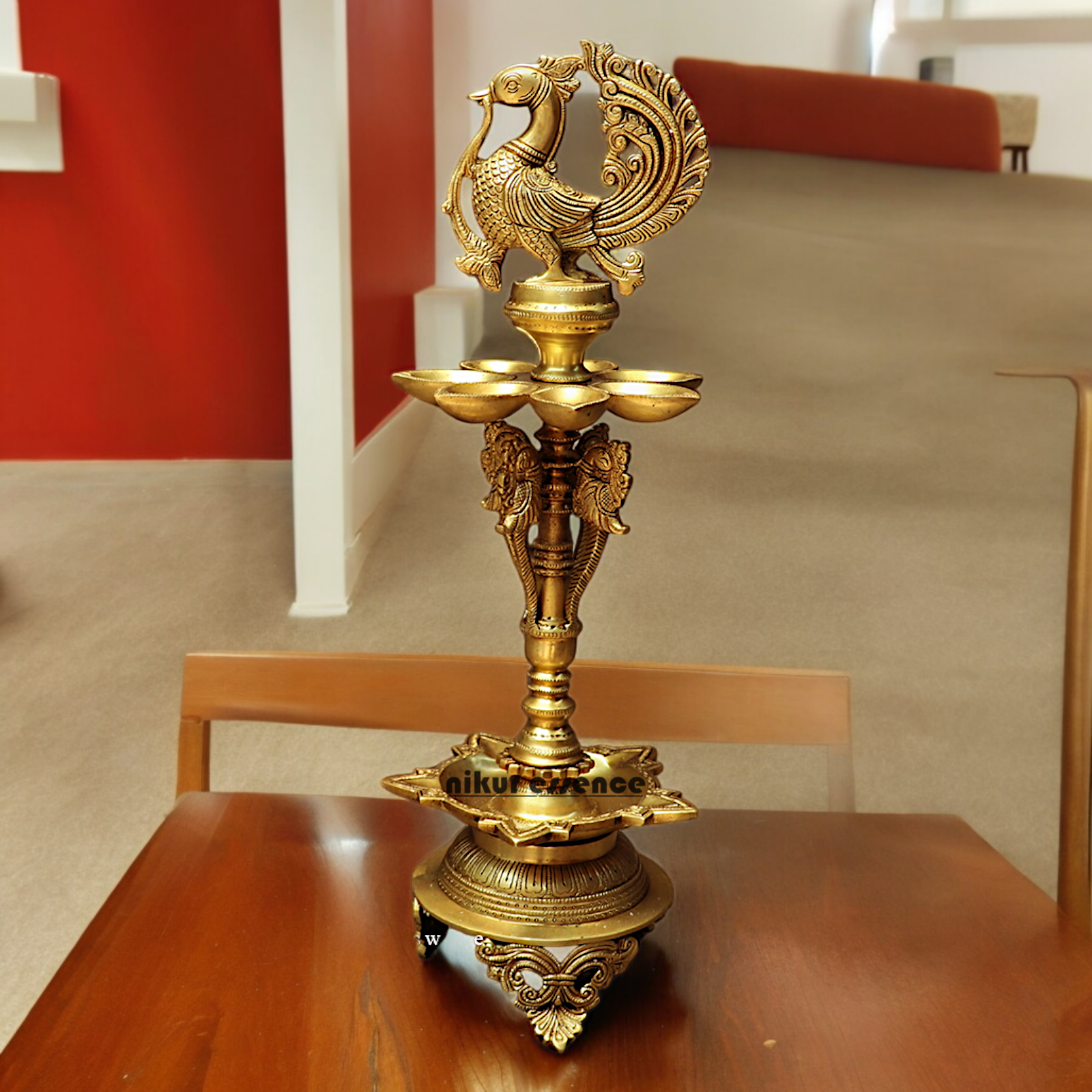 Large Solid Brass Peacock Diya Lamp - 59 cm Nikuressence