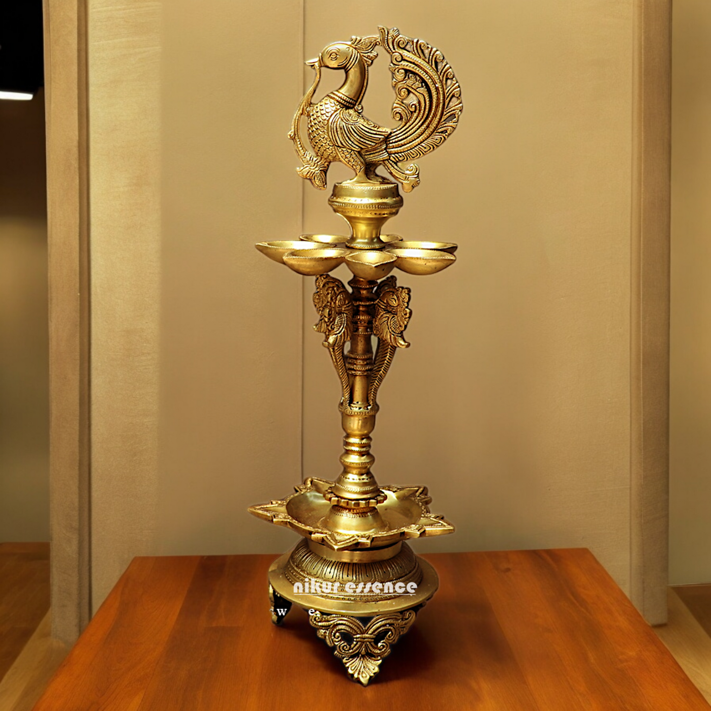 Large Solid Brass Peacock Diya Lamp - 59 cm Nikuressence