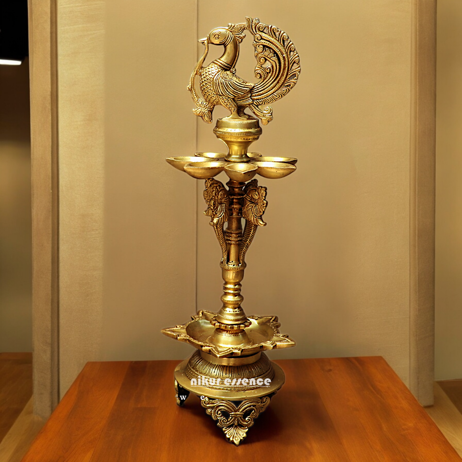 Large Solid Brass Peacock Diya Lamp - 59 cm Nikuressence