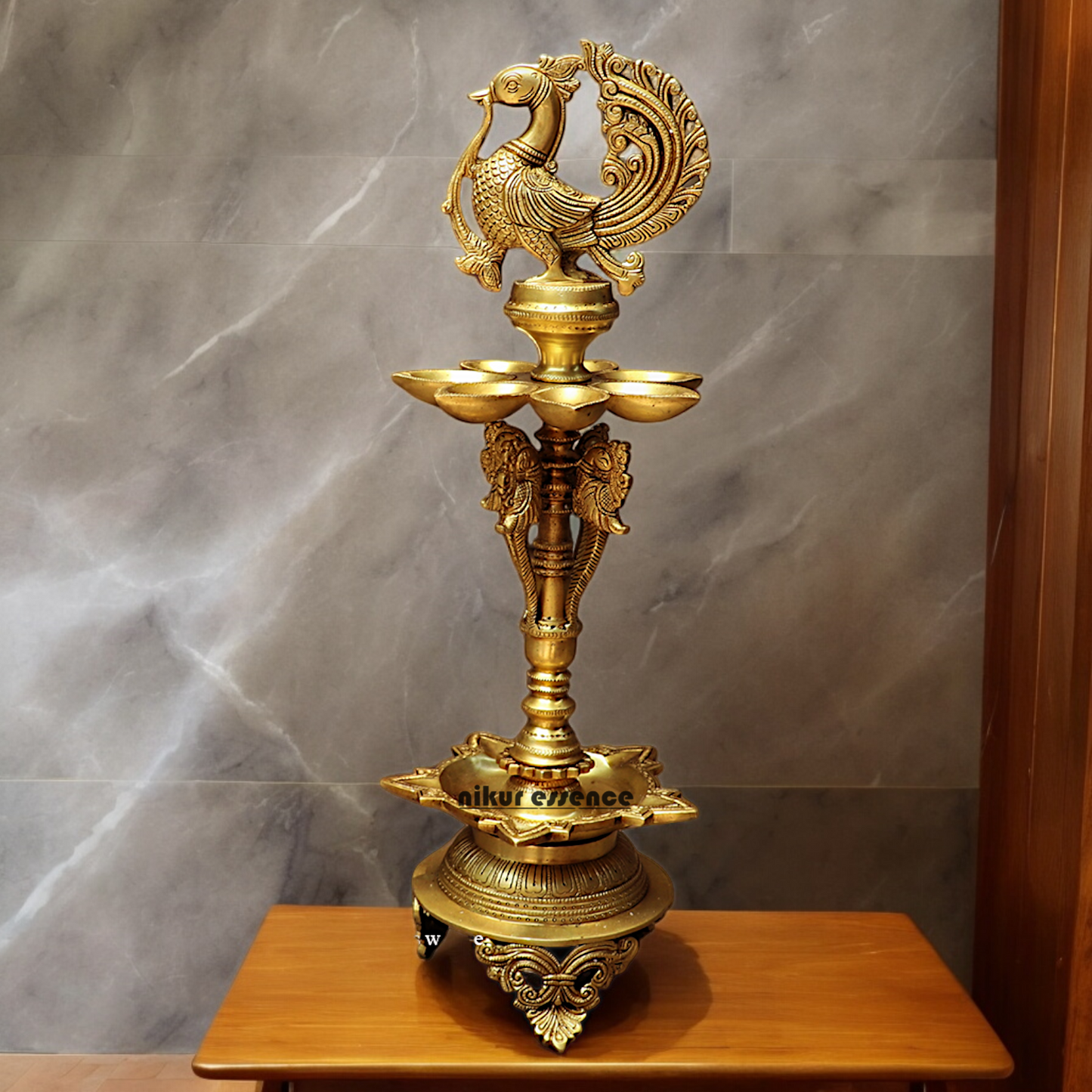 Large Solid Brass Peacock Diya Lamp - 59 cm Nikuressence