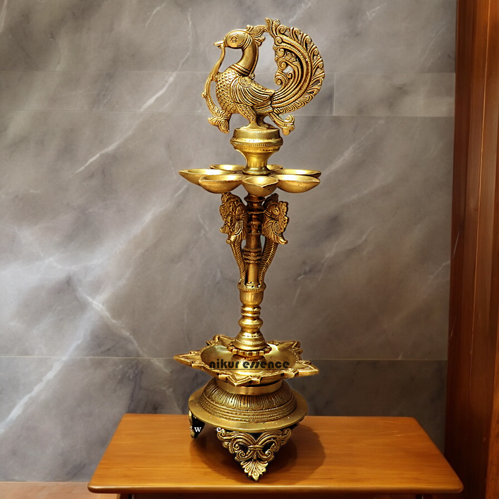 Large Solid Brass Peacock Diya Lamp - 59 cm Nikuressence