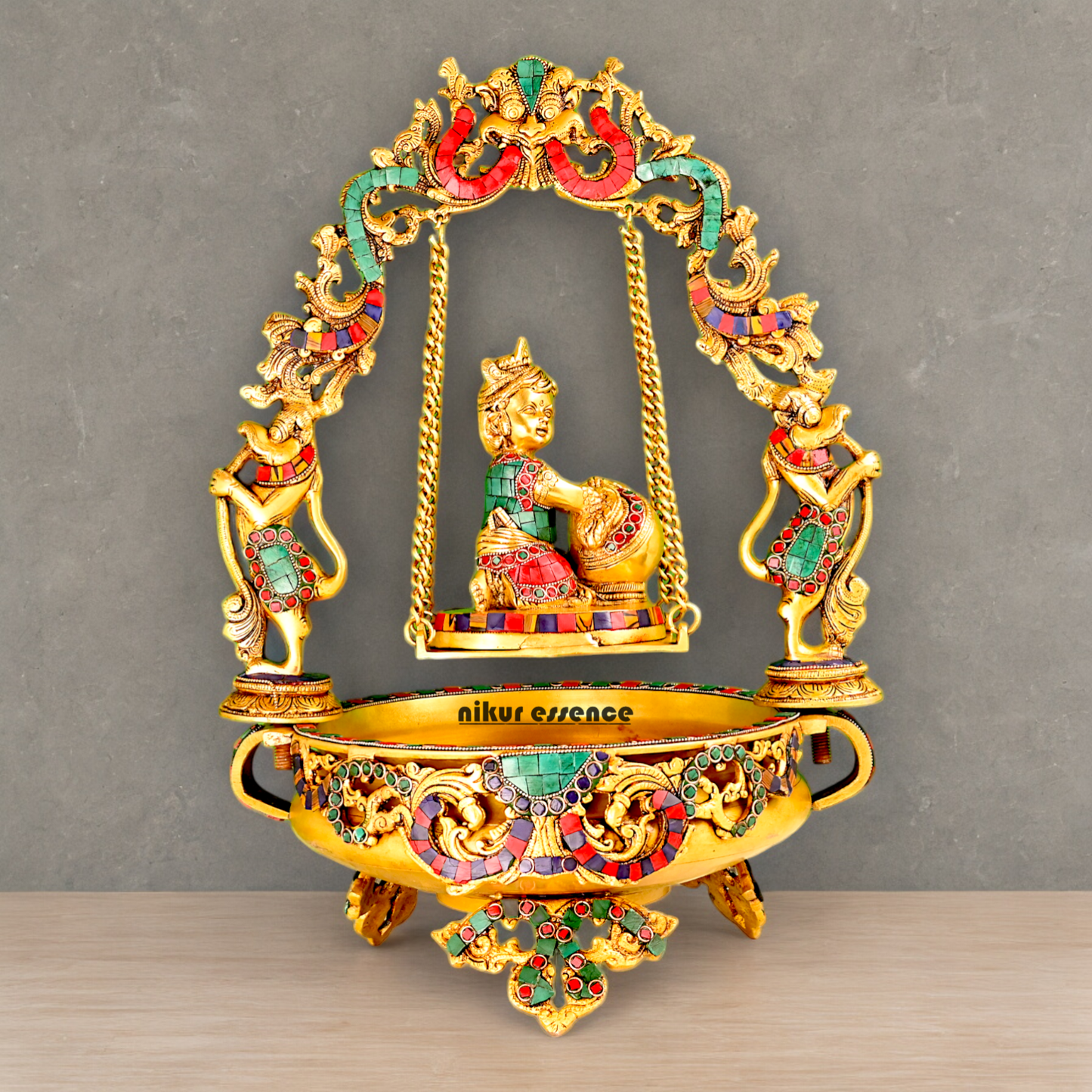 Brass Krishna Gopal Urli Swing Jhula with Stone work Nikuressence