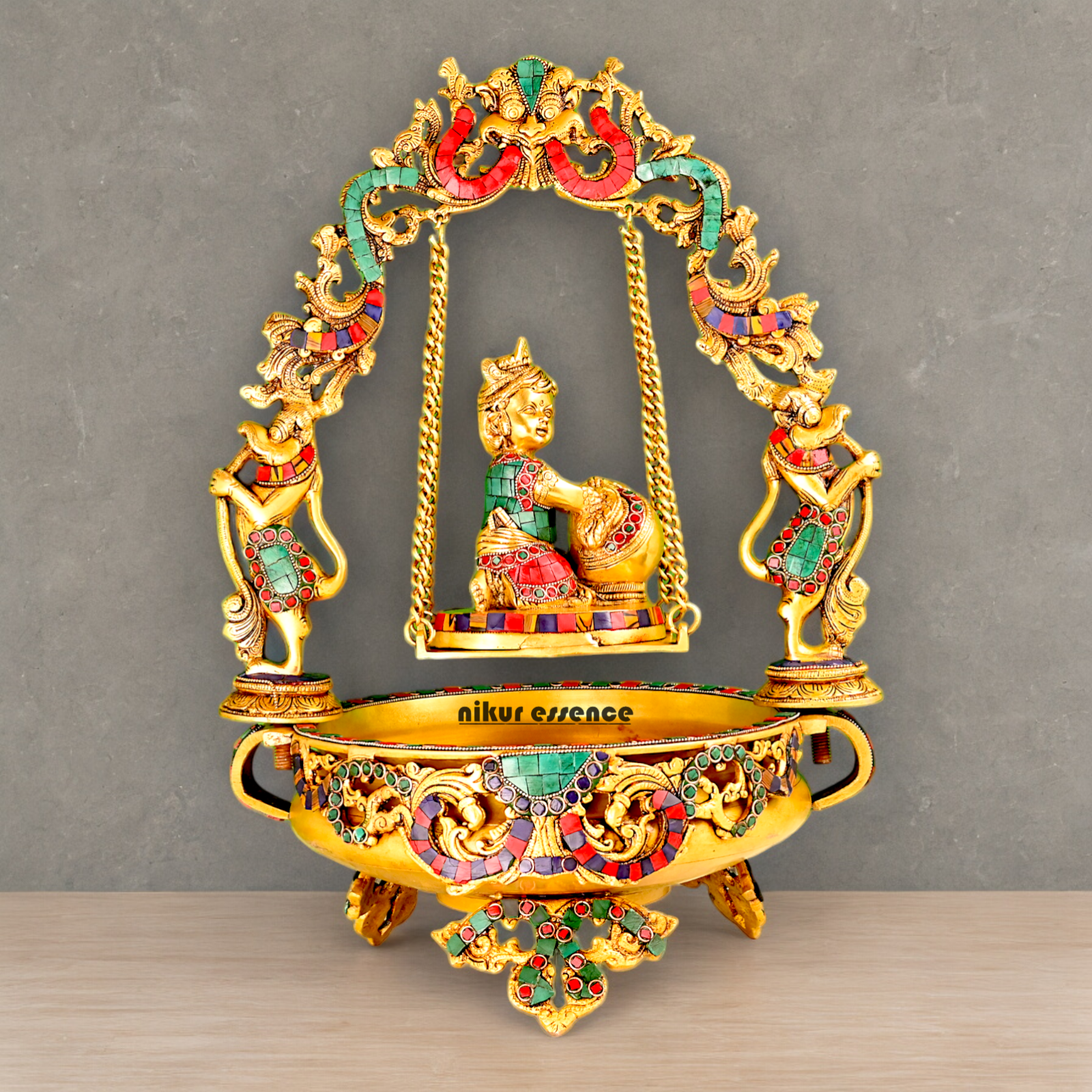 Brass Krishna Gopal Urli Swing Jhula with Stone work Nikuressence